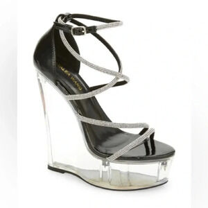 Azalea Wang Dez Black Wedge Heeled Statement Sandal Size 8 Rhinestones Sparkle